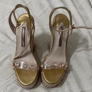 Sophia Webster Gold and Cream Sandals with Crystal Accents